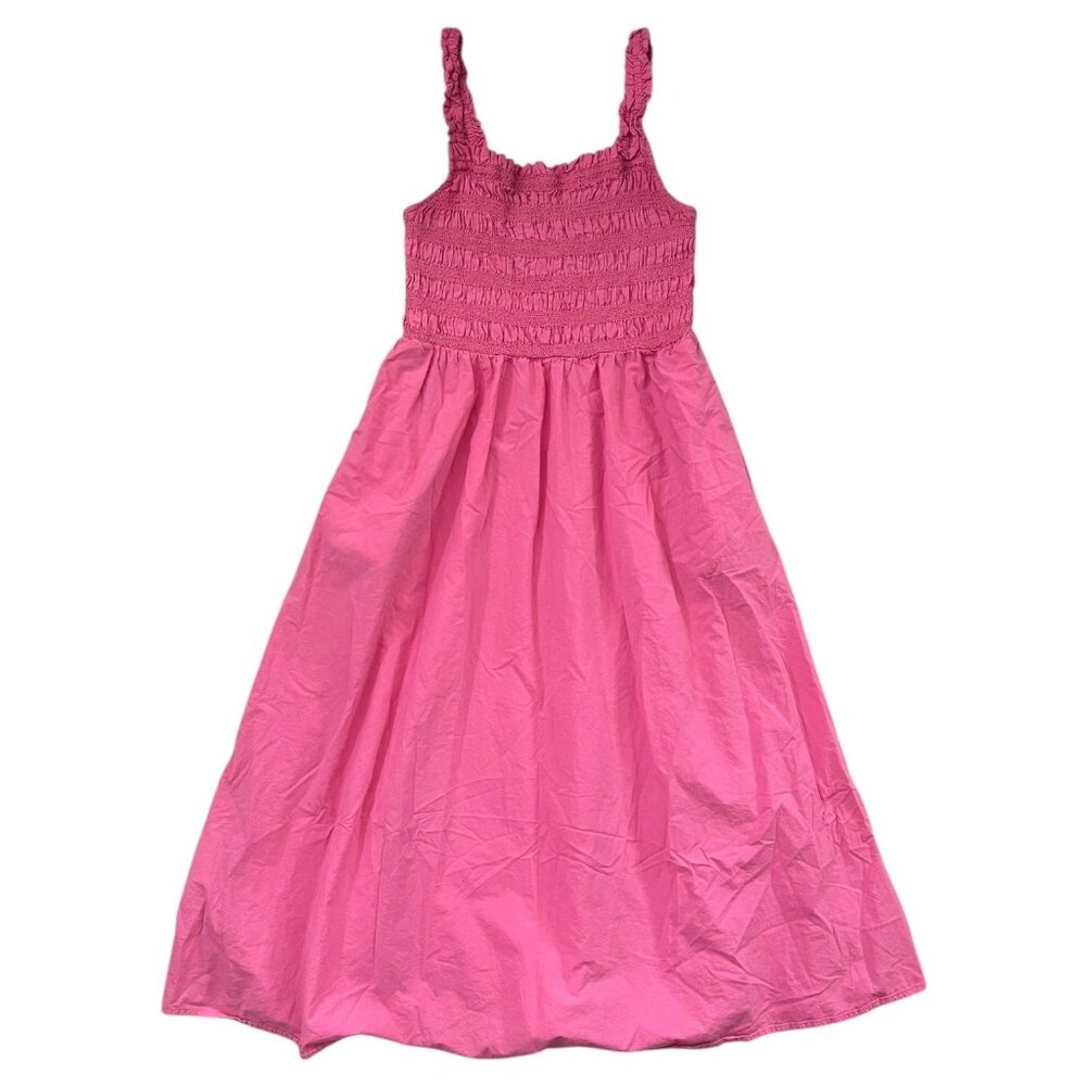 M&S Smocked Midi‎ Dress Hot Pink UK12 US8 Barbie Maximalist Tropical Cottagecore